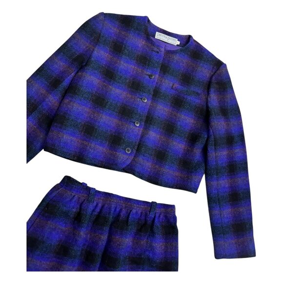 VINTAGE 70s 80s Prestige Petites Plaid 2 Piece Skirt Jacket Set Womens 8 Petite - Picture 3 of 7